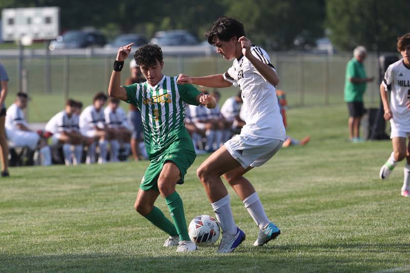 Providence’s Dean Lavvas and Joliet Catholic’s Miles Czerkies battle for the ball on Aug. 21, 2023 in New Lenox.