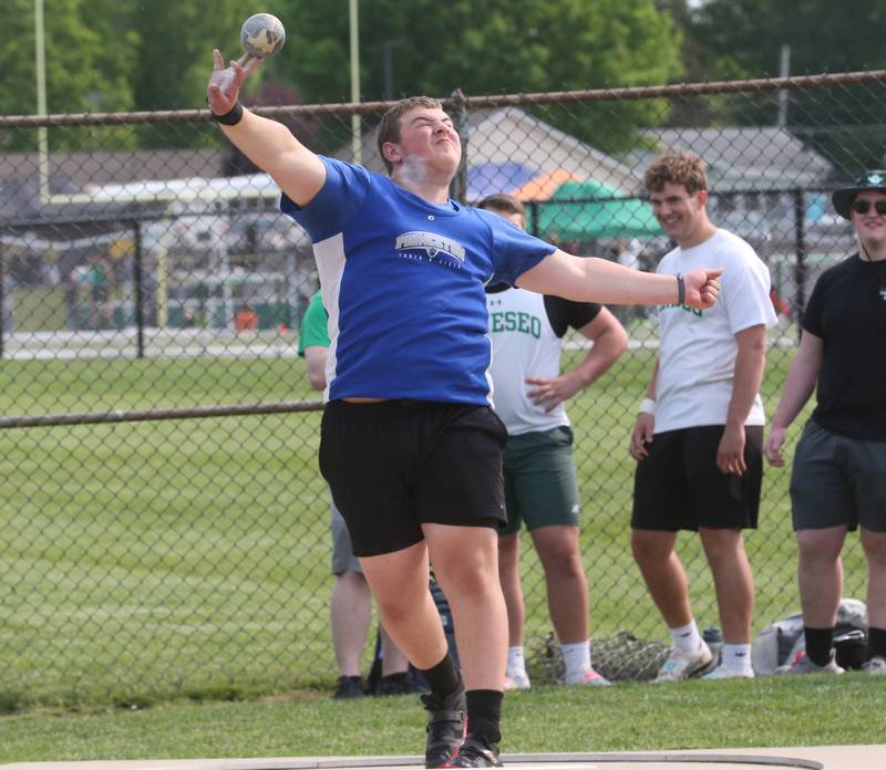 Princeton's Cade Odell throws shot put during the Class 2A track sectional meet on Wednesday, May 17, 2023 at Geneseo High School.