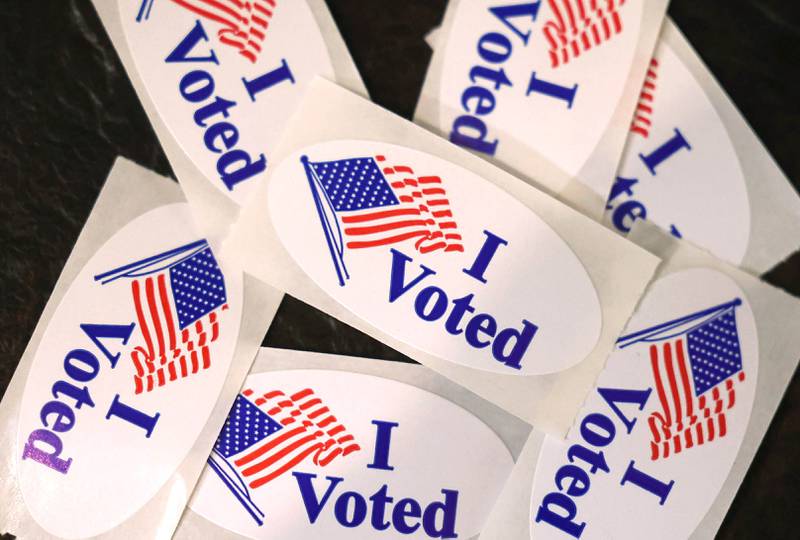 I Voted stickers Tuesday, April 1, 2025, in the polling place at the Westminster Presbyterian Church in DeKalb.