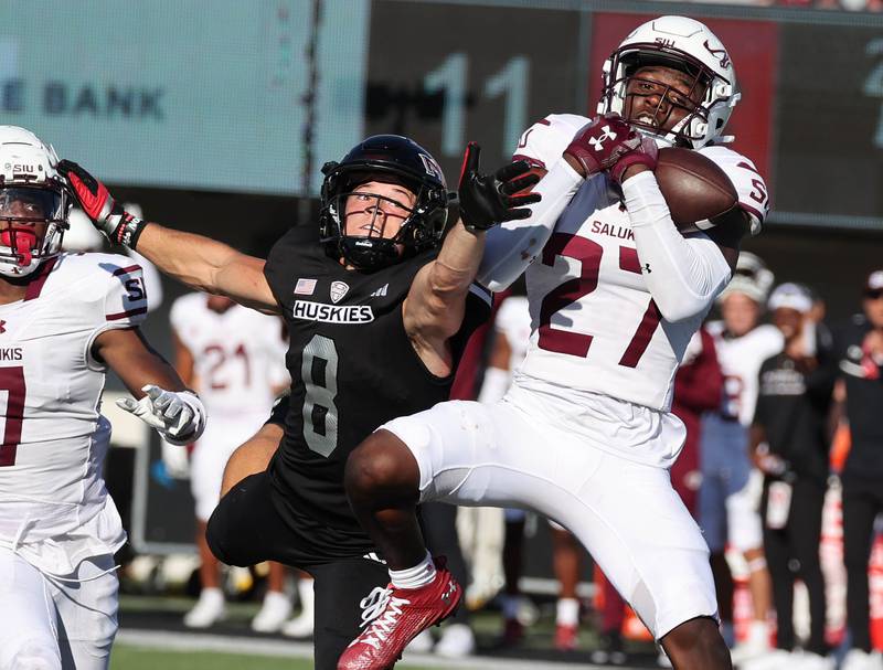 Southern Illinois' Desman Hearns intercepts a pass intended for Northern Illinois' Kacper Rutkiewicz late in their game Saturday, Sept. 9, 2023, in Huskie Stadium at NIU in DeKalb.