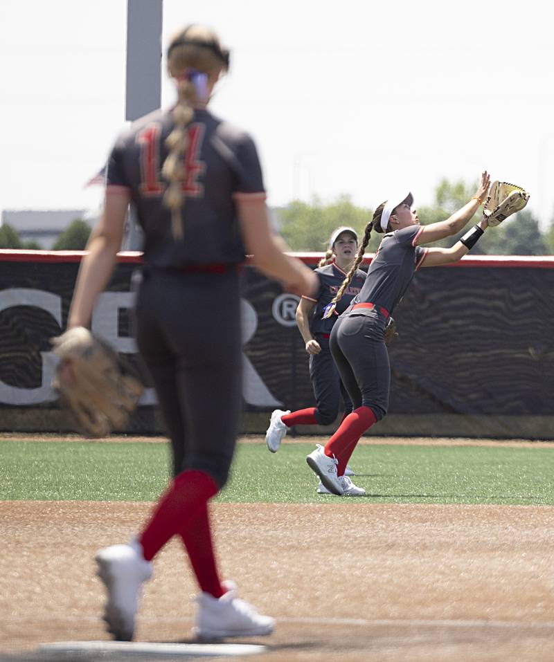 Charleston’s Blair Ritchey makes a difficult catch at short against Antioch Friday, June 9, 2023 in the class 3A state softball semifinal.
