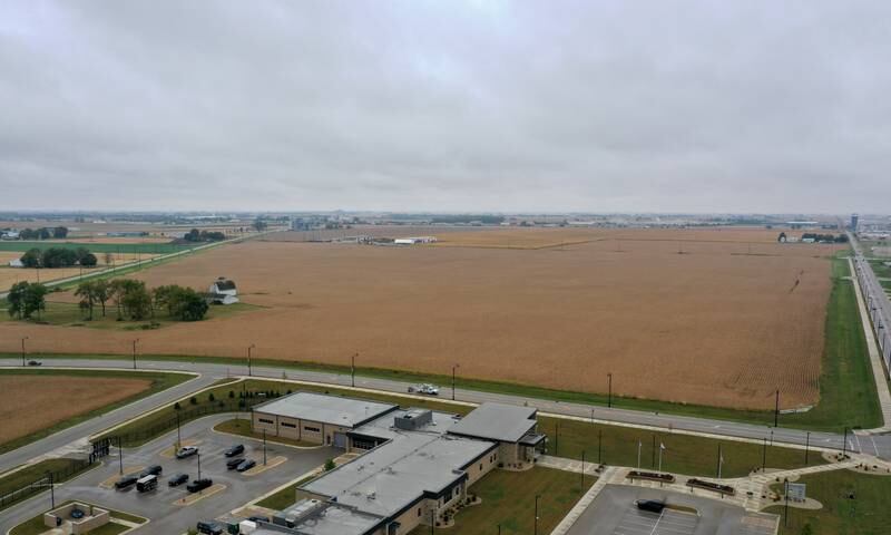 An aerial view looking north of the Peru Public Safety Complex near the intersection of Midtown Road and Peoria Street on Tuesday, Sept. 24, 2024 in Peru. The City of Peru released a drawing at the past city council meeting to give residents an idea of how a multi-faceted sports complex and city center may be laid out in Peru.