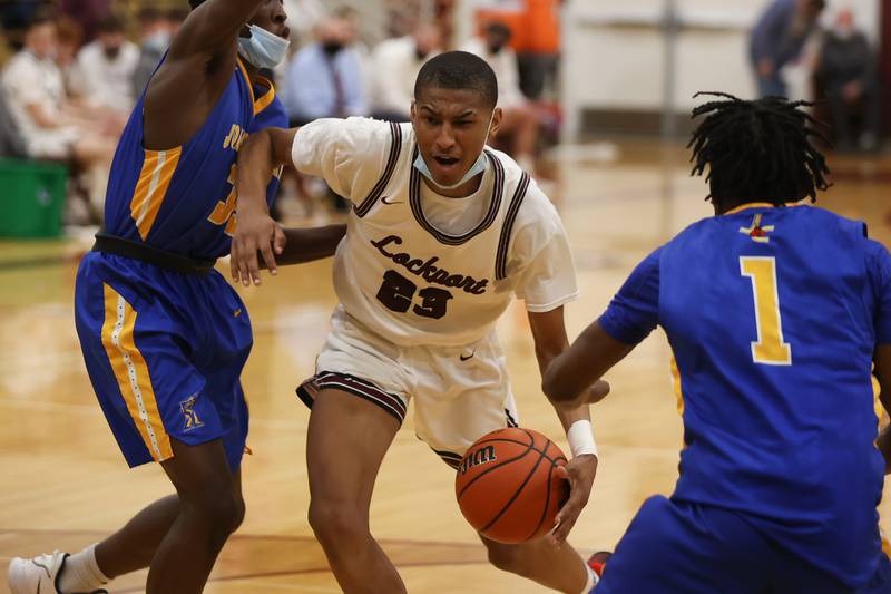 Lockport’s Khari Carpenter drives to the basket against Joliet Central. Monday, Jan. 31, 2022 in Lockport.