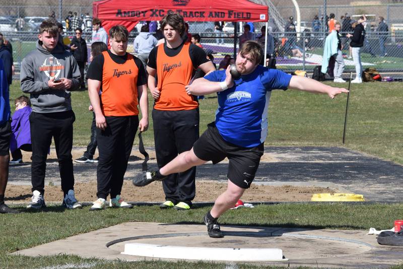 Princeton's Payne Miller spins on his shot put throw in Saturday's Don Gooden Invite at Mendota.