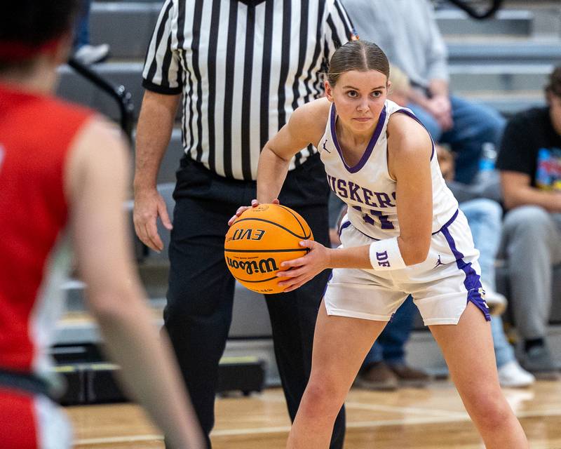 Sage Mahler (11) of Serena holds basketball on Monday, November 17, 2025 at Seneca High School in Seneca.
