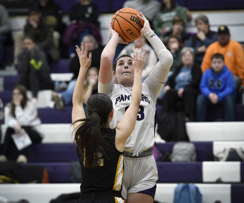 Manteno's Maddie Gesky takes a shot as Herscher's Laney Mohler guards in a game in Manteno on Thursday, January 15, 2026.