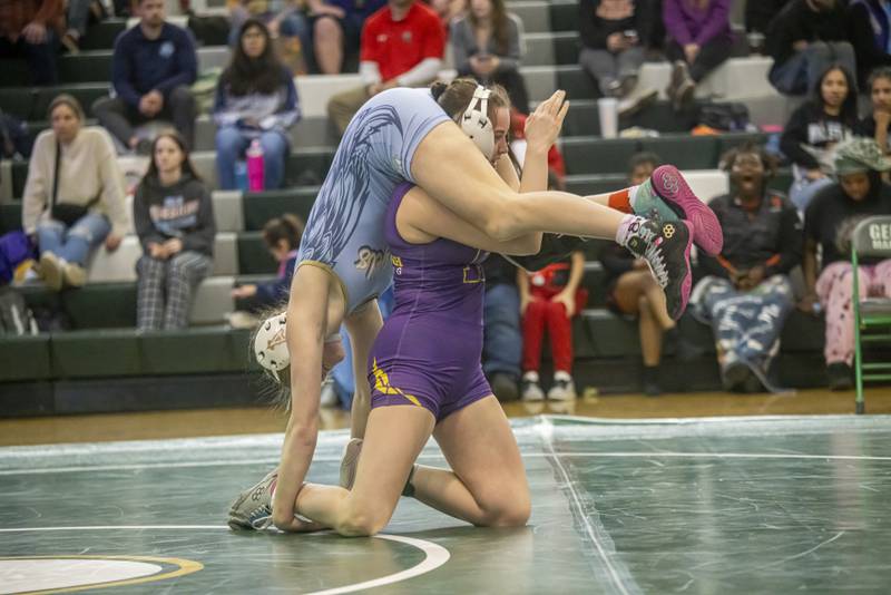 Grace Laird of Joliet Catholic High School wrestles Angelina Cassioppi of Hononegah Community High School earning her second place at sectionals in Geneseo on February 10, 2024.