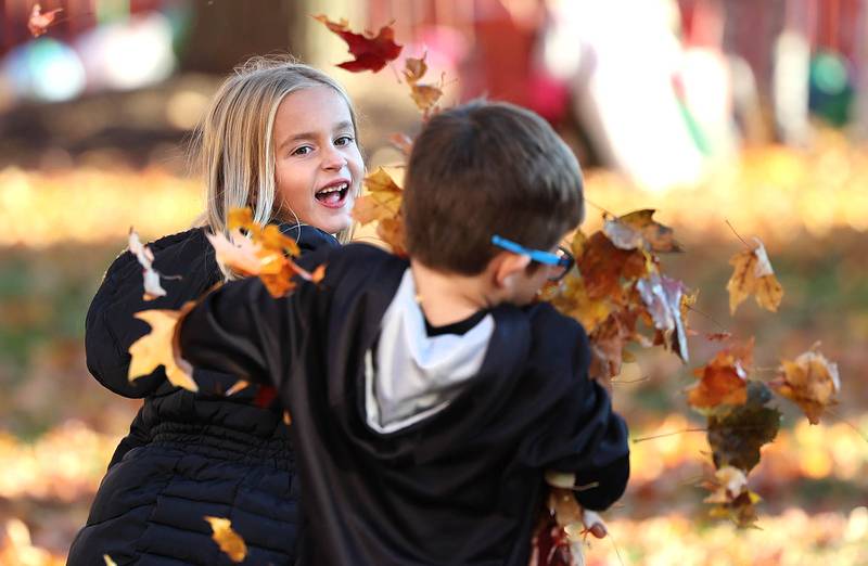 Elizabeth Harris, 7, and her brother James, 6, from Sycamore, take a break from setting up their pumpkins to play in the leaves Wednesday, Oct. 26, 2022 on the DeKalb County Courthouse lawn during the first day of the Sycamore Pumpkin Festival.