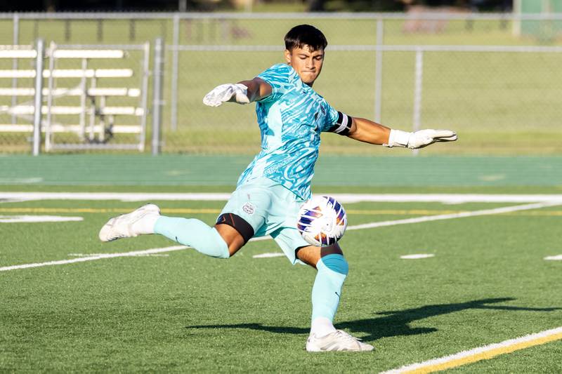 Plainfield Central’s Marshall DeGraff kicks the ball downfield during a home game against South Elgin on Aug. 28, 2025.