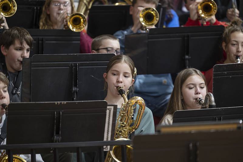 Amboy Junior High Pep Band members entertain the crowd Tuesday, Feb. 3, 2026, at a fifth and sixth grade girls basketball game.