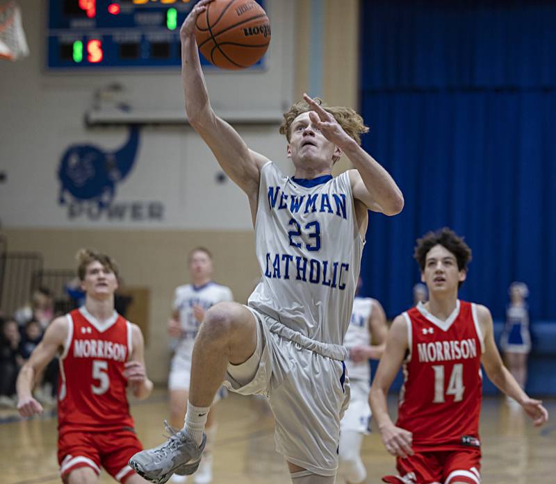 Newman’s Lucas Simpson goes up for a dunk against Morrison Wednesday, Jan. 3, 2024 at Newman High School.