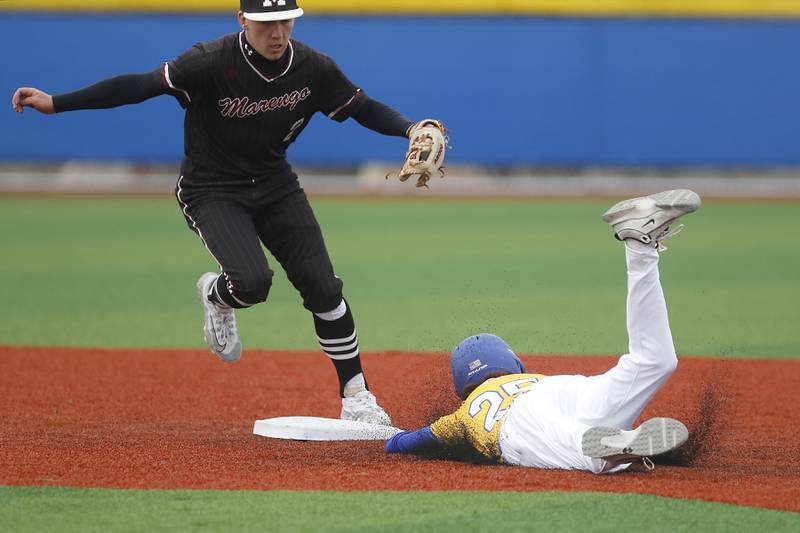 Marengo's Robert Heuser steps on second base in front of the sliding Johnsburg's Deegan Turner to get an out during a Kishwaukee River Conference baseball game on Monday, April 21, 2025, at Johnsburg High School.