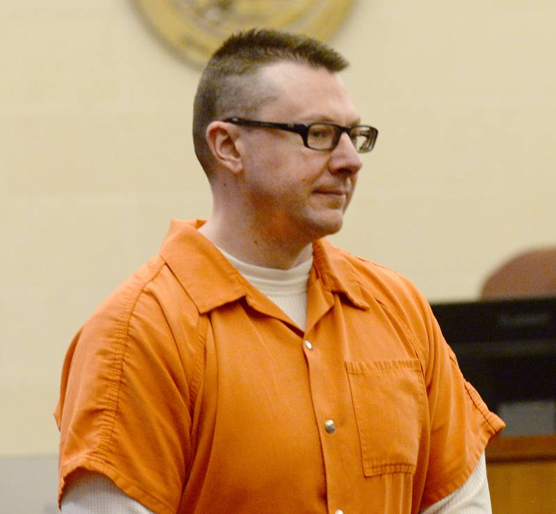 Duane Meyer enters an Ogle County courtroom for a status hearing on Wednesday, May 14, 2025. He is accused of killing his ex-wife, Maggie (Rosko) Meyer and their 3-year-old son in 2016.