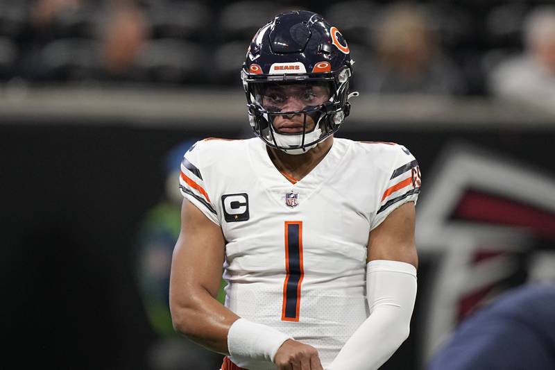 Chicago Bears quarterback Justin Fields warms up before the first half against the Atlanta Falcons on Sunday in Atlanta.