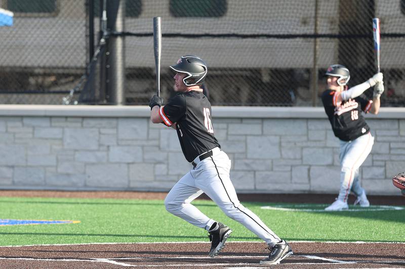 Minooka’s Howie Porath connects against Joliet Central on Monday, April 6, 2026 in Joliet.