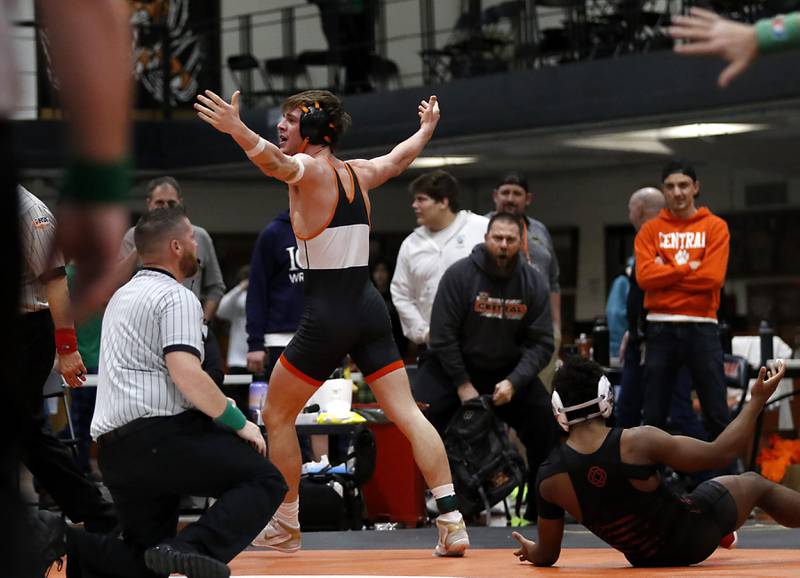 Crystal Lake Central’s Tommy Tomasello celebrates defeating Antioch’s Marcus Macias in the 165-pound third-place match in the IHSA 2A Crystal Lake Central Wrestling Sectional on Saturday, Feb. 15, 2025, at Crystal Lake Central High School.