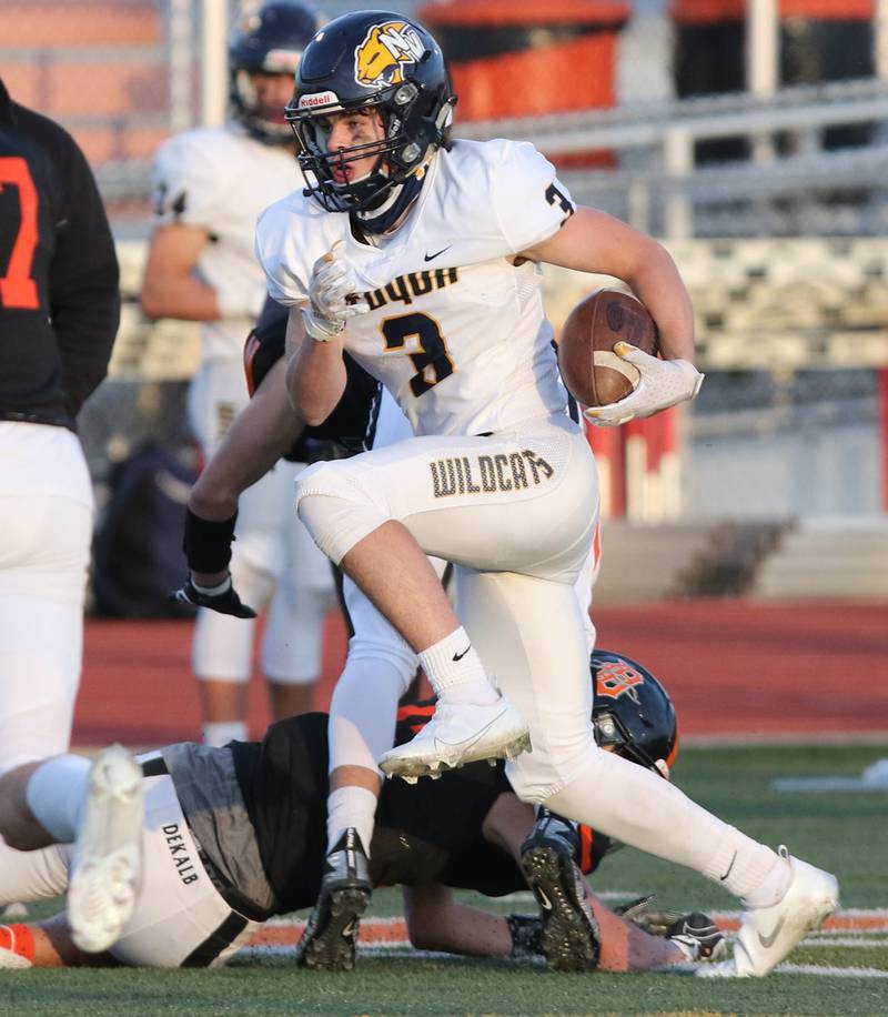 Nequa Valley receiver Carter Sessa breaks free from a DeKalb tackle for a nice gain during their game Friday, April 16, 2021, at DeKalb High School.