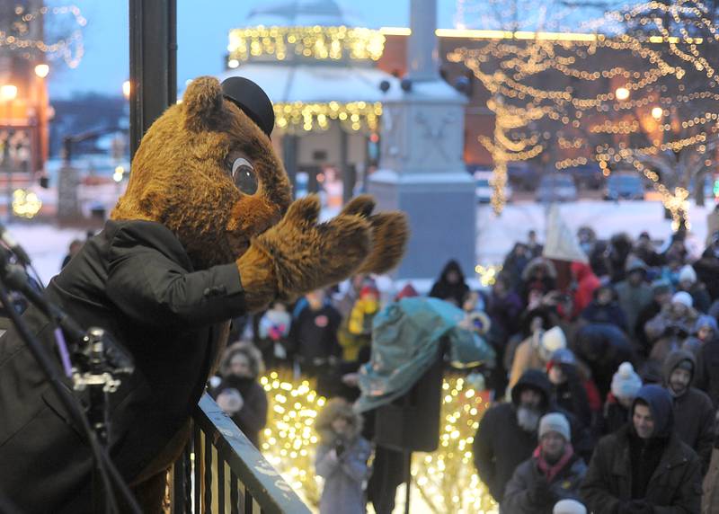 The Woodstock Willie mascot greets the crowd Wednesday, Feb, 2, 2022, during the annual Groundhog Day Prognostication on the Woodstock Square.