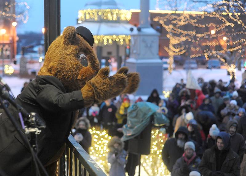 The Woodstock Willie mascot greets the crowd Wednesday, Feb, 2, 2022, during the annual Groundhog Day Prognostication on the Woodstock Square.