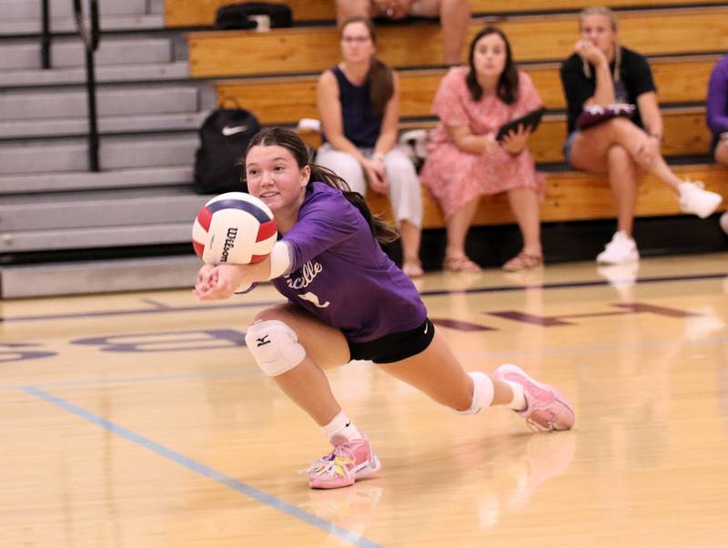 Rochelle's Jaydin Dickey passes the ball during a match with Kaneland on Sept. 23, 2025. Rochelle won the match 25-17, 17-25, 25-23.