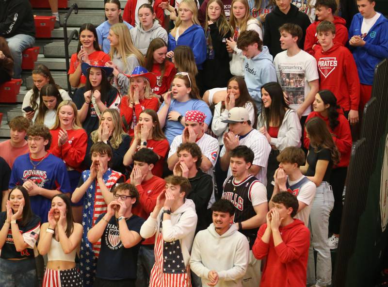 Ottawa student section cheers on the Pirates during the Class 3A Regional title game on Wednesday, Feb. 25, 2026 in Sellett Gymnasium at L-P High School.