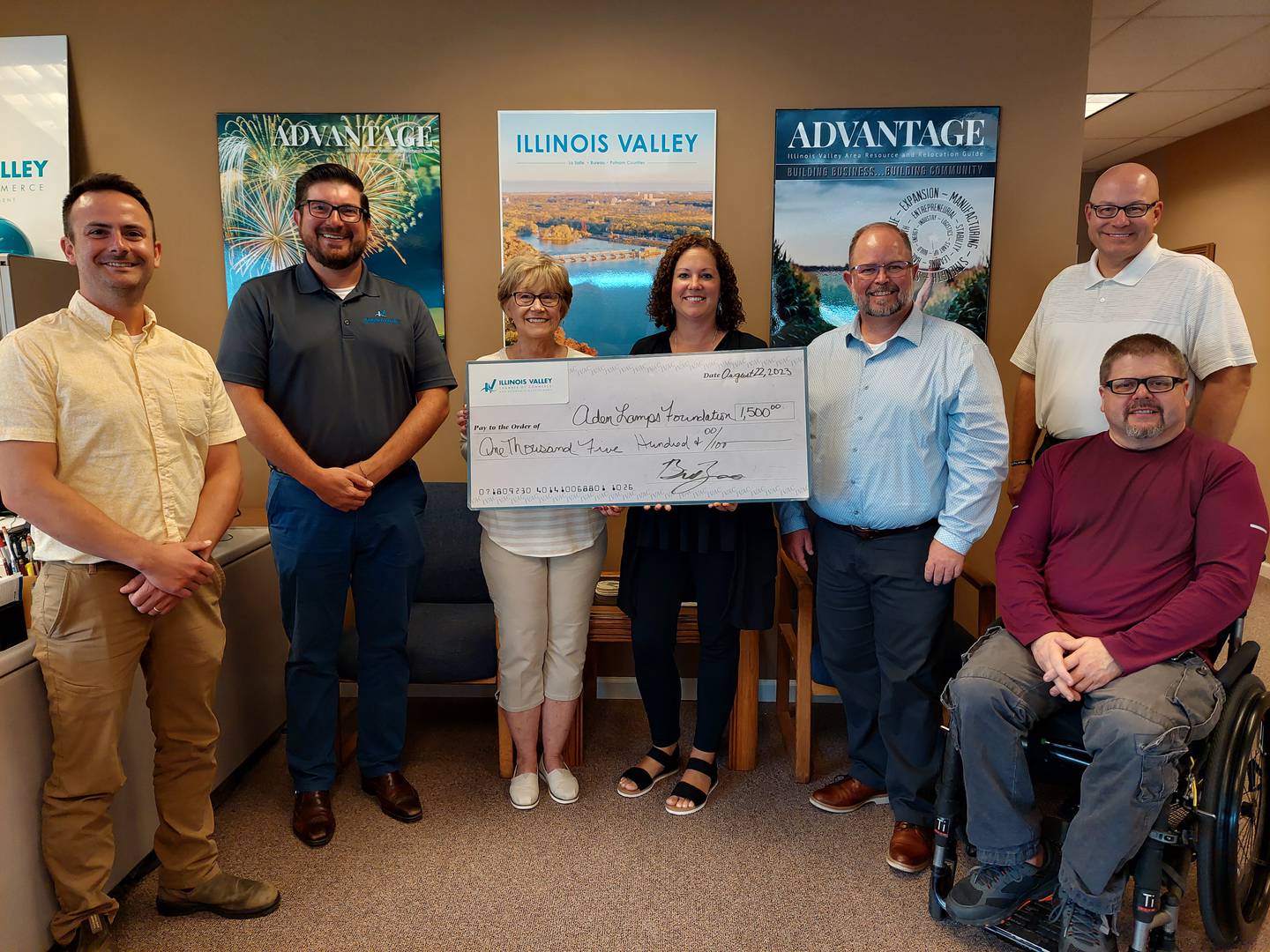 The Aden Lamps Foundation received a $1,500 donation Tuesday, Aug. 22, 2023, from Illinois Valley Area Chamber of Commerce's Steve Brust Golf Outing.