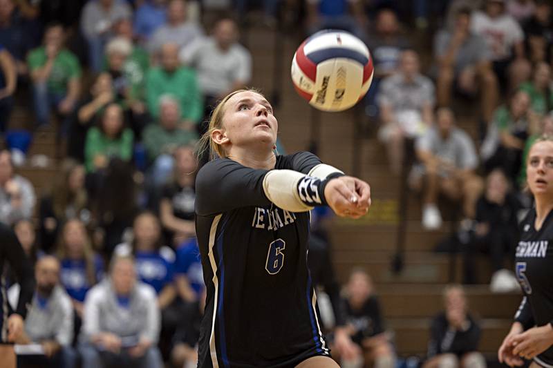 Newman’s Jess Johns makes a pass against Erie-Prophetstown Tuesday, Oct. 24, 2023 at the Riverdale volleyball regional.