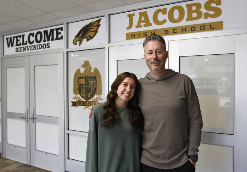 Jacobs High School senior Kaitlyn Tomaszewski with Jacobs’ teacher and coach Jimmy Roberts on Tuesday, April 22, 2025, at the school in Algonquin.