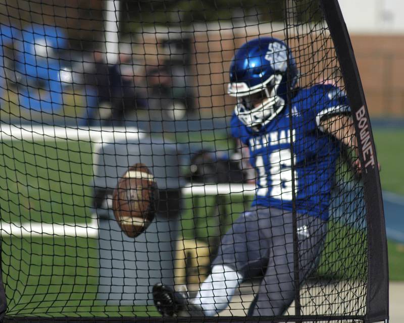 Newman kicker Ayden Gutierrez practices into the net. Newman defeated Chicago Hope 50-22 in Class 1A 1st round football at Sterling High School on Saturday, November 2, 2024.