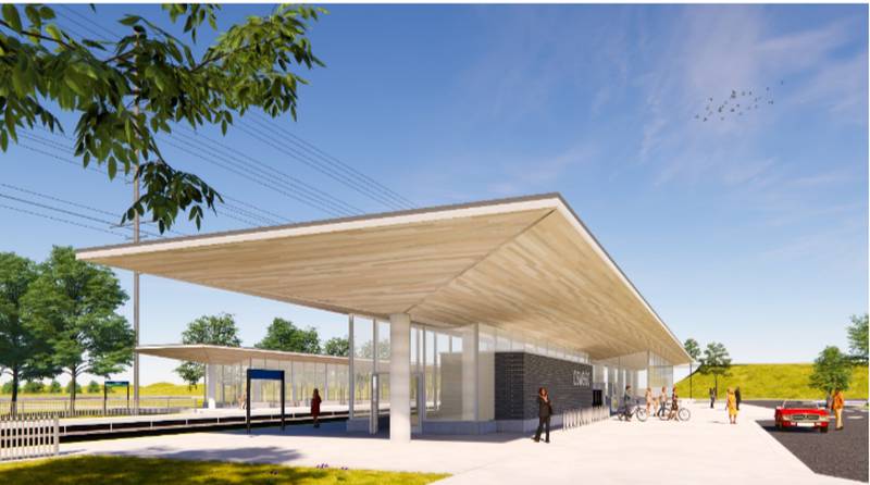 The proposed Kendall County Metra service extension study includes this illustration of a commuter rail station that would be built off Orchard Road in Oswego.