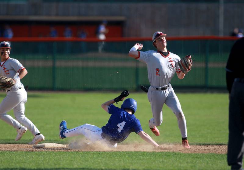 St. Charles East's James Feigleson throws to first for a double play during a game against Wheaton North on Wednesday, April 23, 2025 in St. Charles.