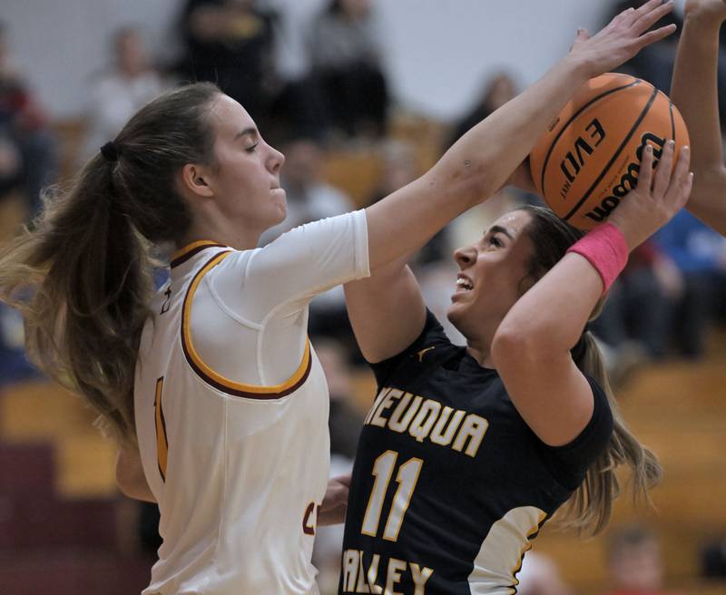 Montini’s Nikki Kerstein tries to block Neuqua Valley’s Quinn Sigal in a girls basketball game at Montini Catholic High School in Lombard Monday.