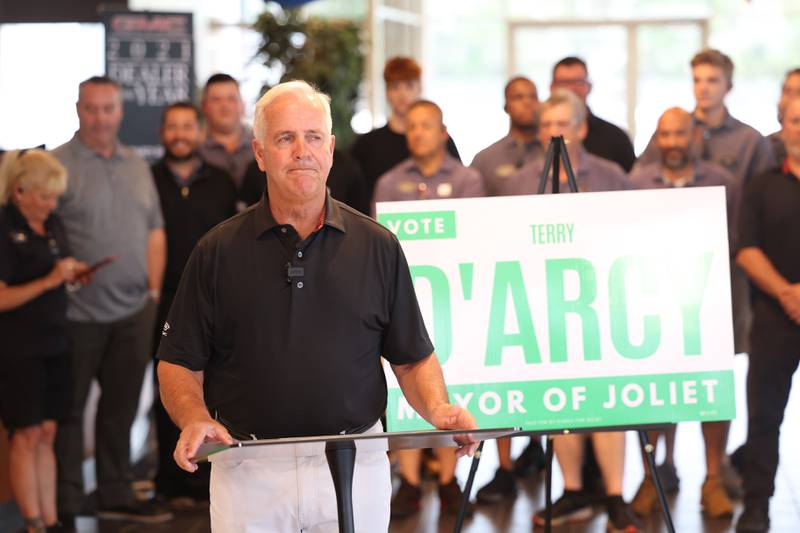 Car dealer Terry D’Arcy announced his candidacy for Joliet mayor in the 2023 municipal election during a news conference at his dealership onJune 15, 2022.