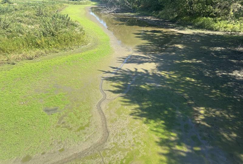 A view of a dried-up creek underneath the Slough Bridge on Tuesday, Sept. 16, 2025 near Peru.