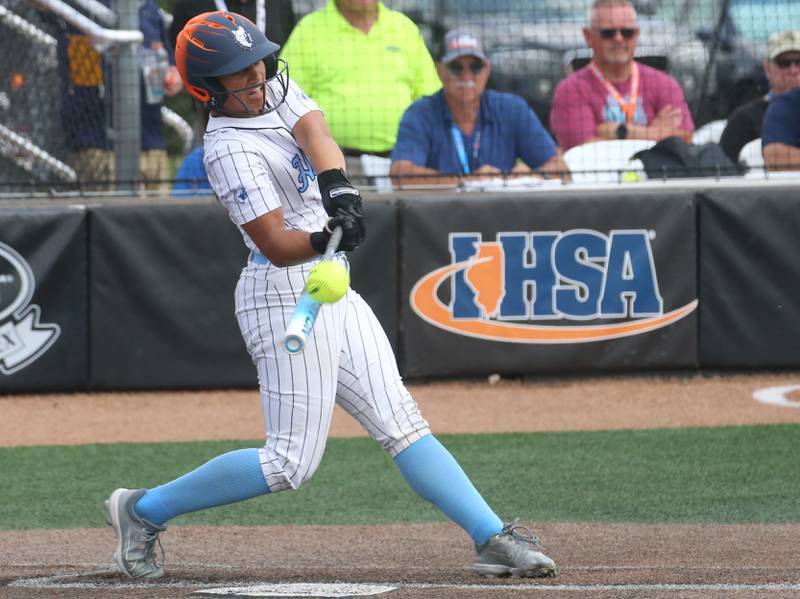 Oak Park River Forest's Leia Hammerschmidt makes contact with the ball during the Class 4A third-place game on Saturday, June 14, 2025 at the Louisville Slugger Sports Complex in Peoria.