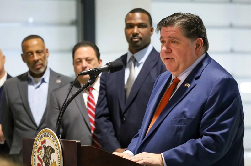 Gov. JB Pritzker speaks Friday at a news conference with lawmakers and representatives of Pace Suburban Bus in Markham.