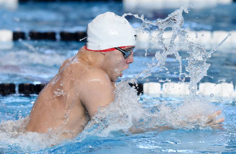 Hinsdale Central’s Joshua Bey swims breaststroke in the 200-yard individual medley during the boys state swimming and diving finals at FMC Natatorium on Saturday, Feb. 24, 2024 in Westmont.