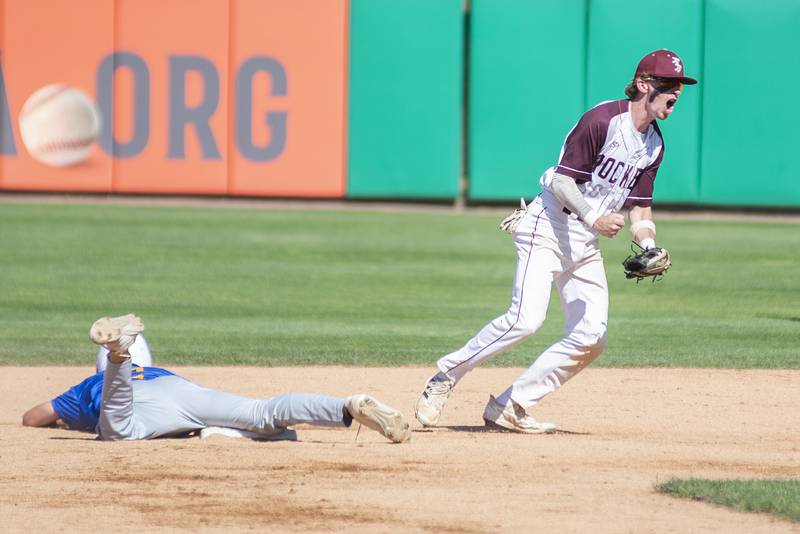 Richmond-Burton’s Connor Wallace celebrates a double-play against Maroa-Forsyth Friday, June 3, 2022 during the IHSA Class 2A baseball state semifinal.
