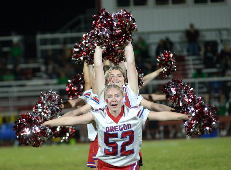 Oregon High School cheerleaders perform during halftime of the Homecoming  football game with Rock Falls on Friday, Sept. 19, 2025.