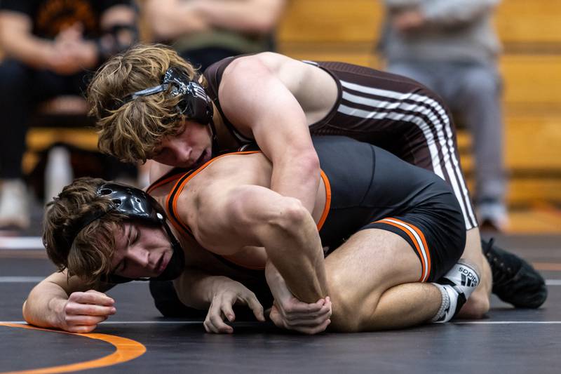 Joliet Catholic’s Andrew Staab and Lincoln-Way West’s Haden Anderson compete in the 150 pound match at Lincoln-Way West on Jan. 8, 2026.