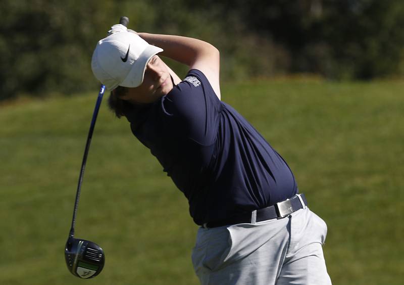 Cary-Grove’s Kyle Kotlarczykwatches his tee shot on the first hole during the IHSA Boys’ Class 3A Sectional Golf Tournament Monday, Oct. 3 2022, at Randall Oaks Golf Club in West Dundee.