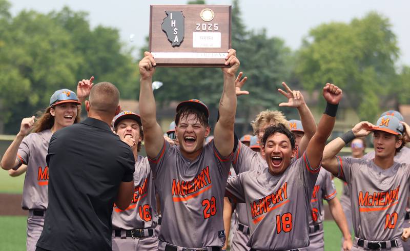 McHenry’s Warriors celebrate a win over  Barrington in IHSA Class 4A Sectional Title Game baseball action at McHenry High School in McHenry on Saturday, June 7, 2025.
