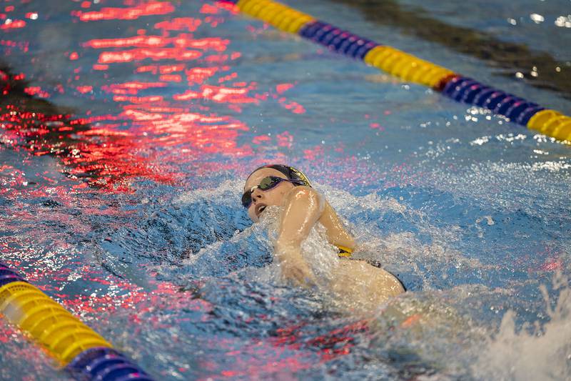 Sterling’s Chloe Clark competes in the 200 freestyle race against Rock Island Tuesday, Sept. 30, 2025.