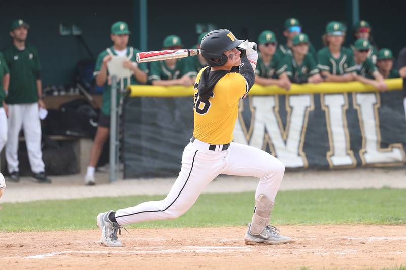 Joliet West’s Jimmy Anderson connects for a RBI double against Plainfield Central on Thursday, May 16, 2024 in Plainfield.