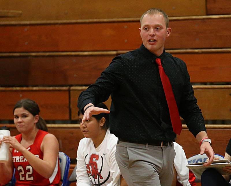 Streator's head girls basketball coach Jacob Durdan coaches his team in the Lady Tigers Holiday Tournament on Tuesday, Nov. 15, 2022 in Princeton.
