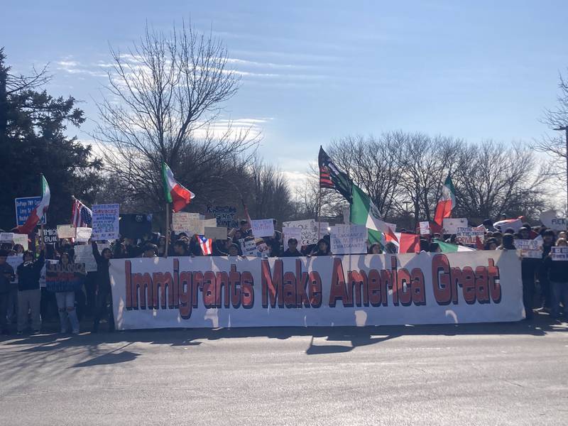Several hundred high school students gather in front of the Bolingbrook Police Department on West Briarcliff Road after staging a school walk out to protest the actions of Immigration and Customs Enforcement activities across the country on Friday, Feb. 13, 2026.