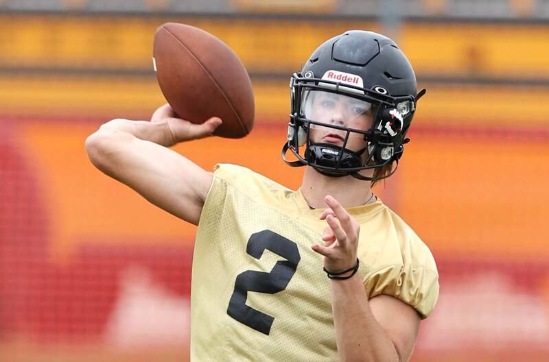 Sycamore quarterback Elijah Meier throws a pass Monday, Aug. 8, 2022, at the school during their first practice ahead of the upcoming season.