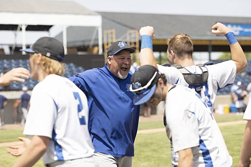 Newman celebrates their 3-2 supersectional baseball game against Chicago Hope Monday, May 29, 2023. Newman will play next week in Peoria for the class 1A state title.