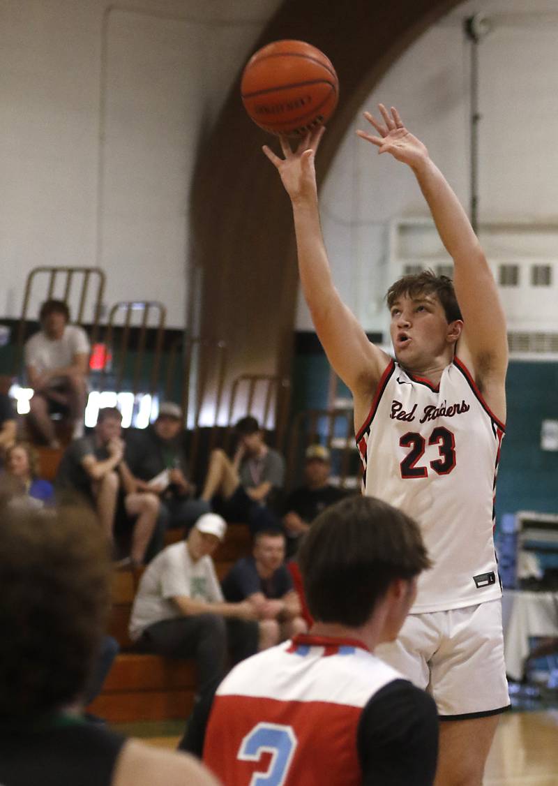 Huntley's Ethan Blackmore shoots the ball during the boy’s game of McHenry County Area All-Star Basketball Extravaganza on Sunday, April 14, 2024, at Alden-Hebron’s Tigard Gymnasium in Hebron.