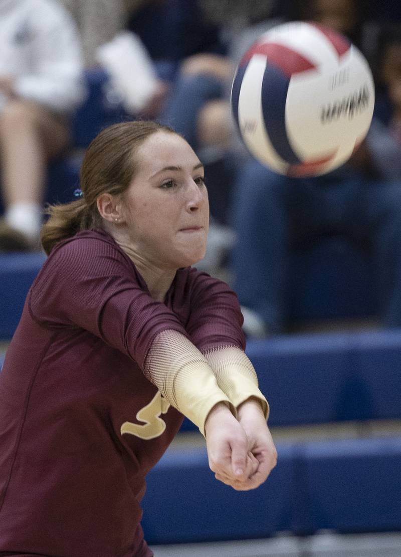 Morris’ Sophie Sanders makes a pass against Sterling Thursday, Oct. 30, 2025, in the Class 3A volleyball regional.